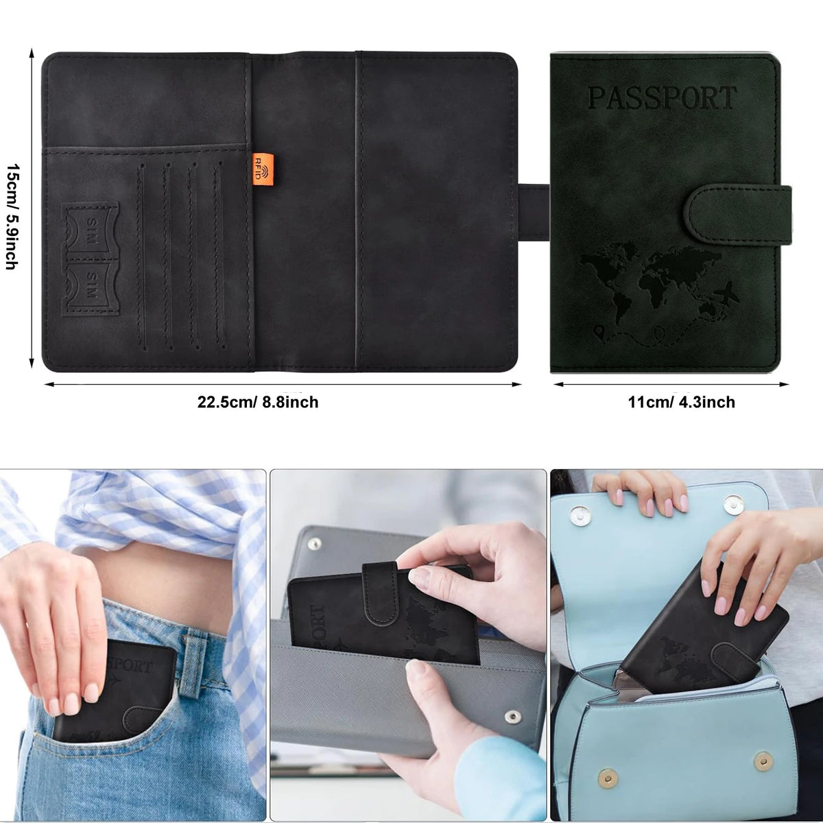 Cartera/porta pasaporte de cuero PU negro genuino, mostrada desde varios ángulos y contextos.