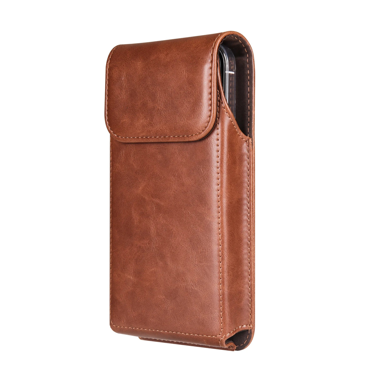 A brown leather belt loop phone case for an iPhone, shown vertically.