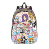 A colorful sport backpack featuring cute animal and character designs on a light blue background.