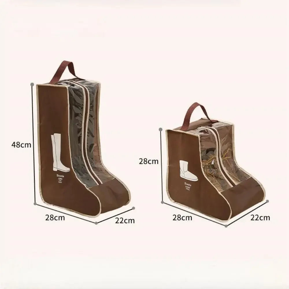 A brown portable waterproof boot storage bag with measurements shown.