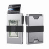 A silver minimalist metal card holder with a black expandable backplate and cash storage slots.