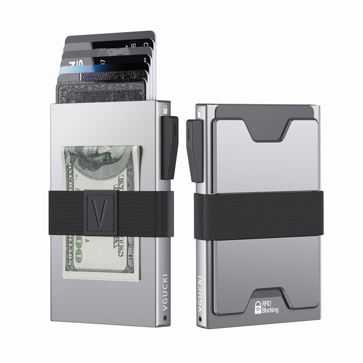 A silver minimalist metal card holder with a black expandable backplate and cash storage slots.