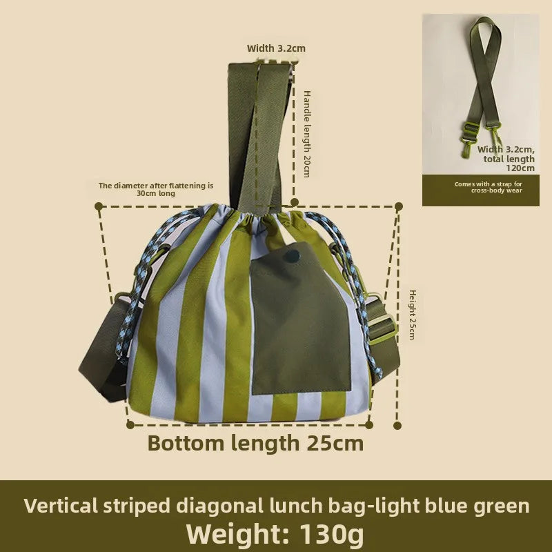 Vertical striped diagonal lunch bag in blue and green with a strap for cross-body wear
