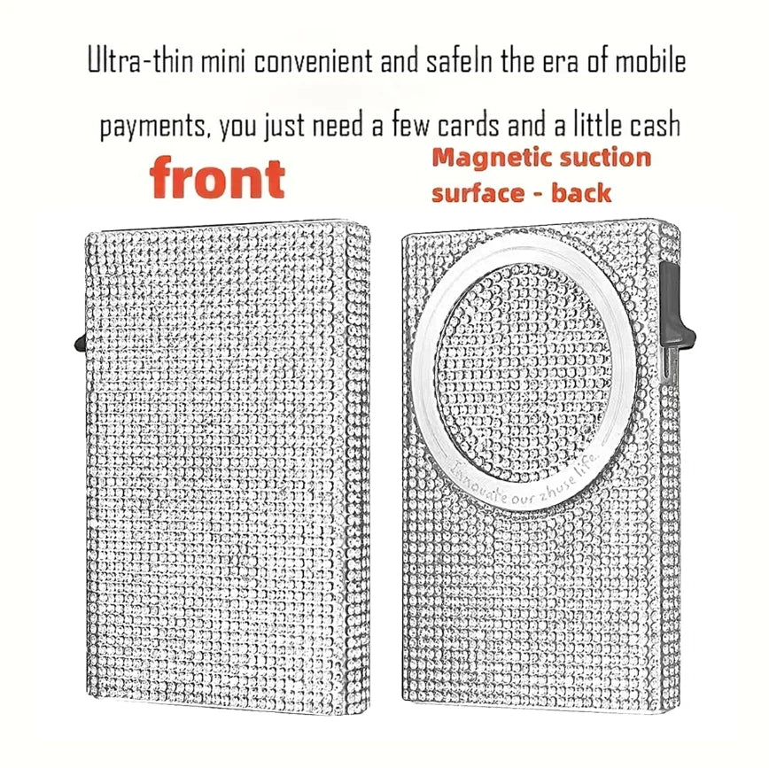 Front and back views of a silver magnetic card holder wallet with a textured surface
