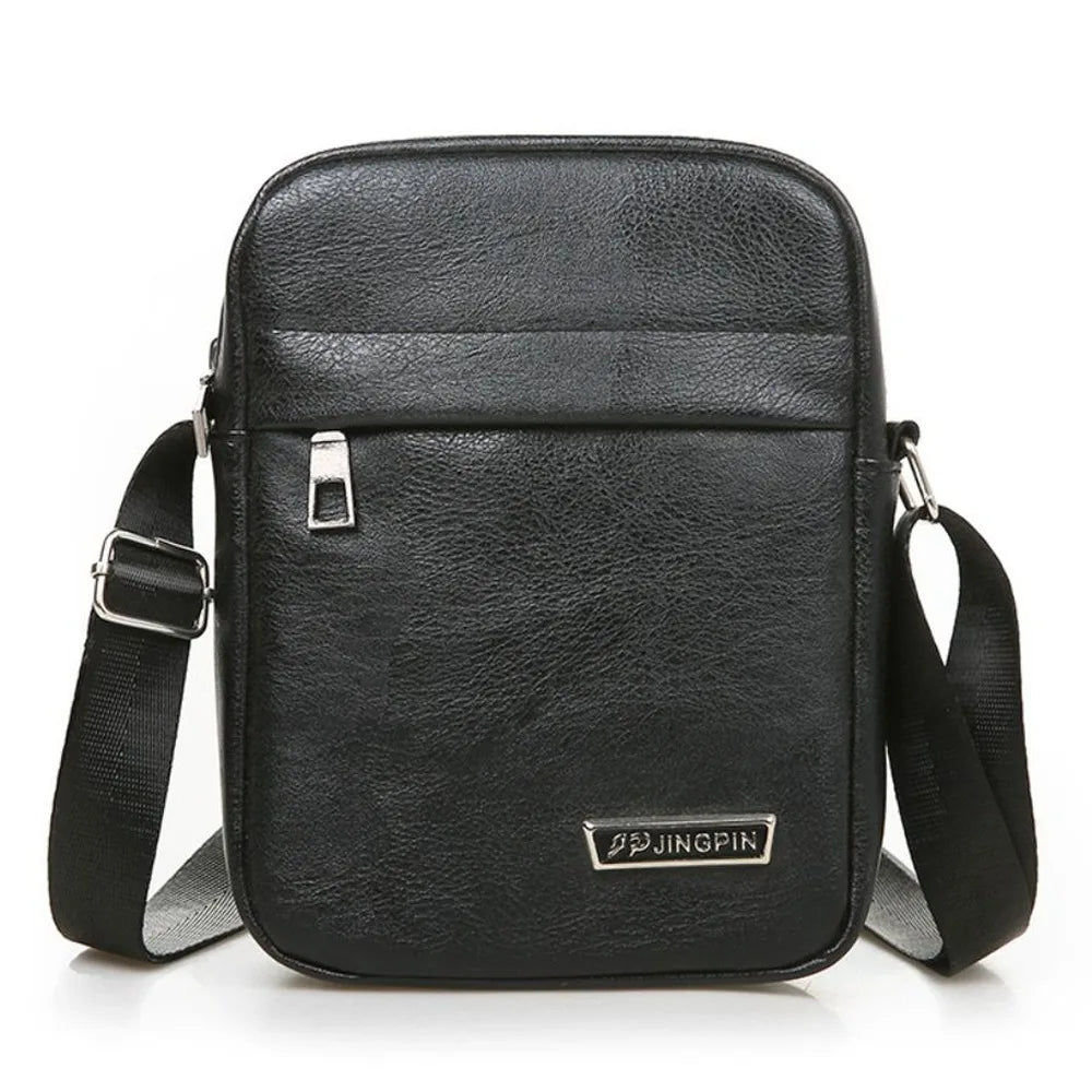 Black waterproof PU leather sling bag with a flap and adjustable strap.