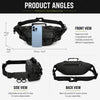 Front, side, and back views of a black tactical sling waist pack for outdoor adventures.