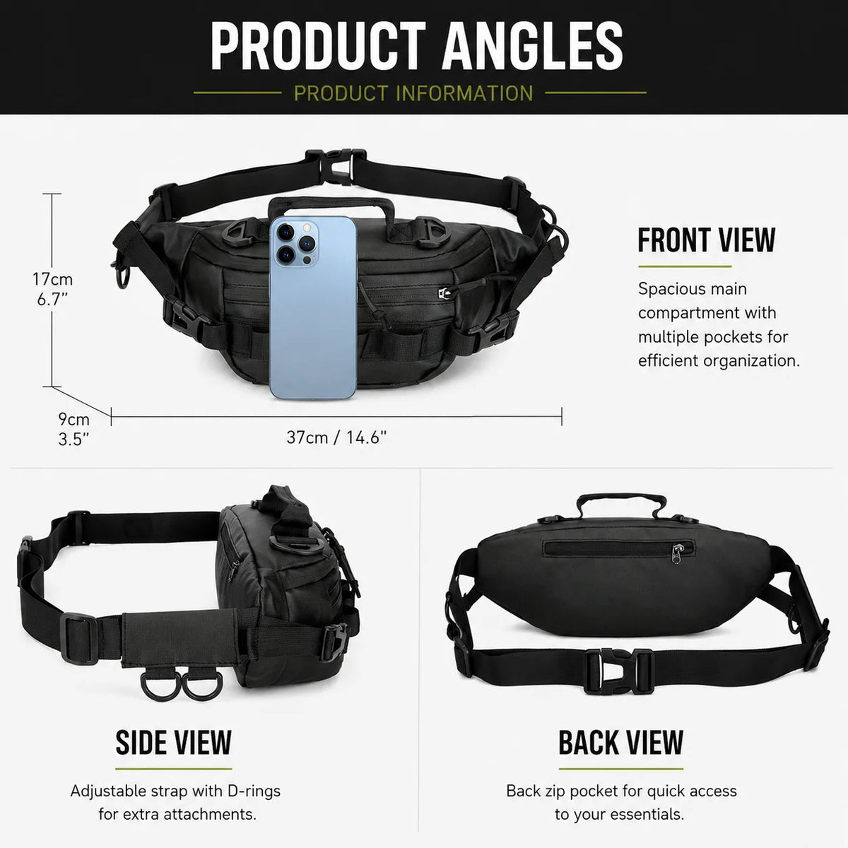 Front, side, and back views of a black tactical sling waist pack for outdoor adventures.