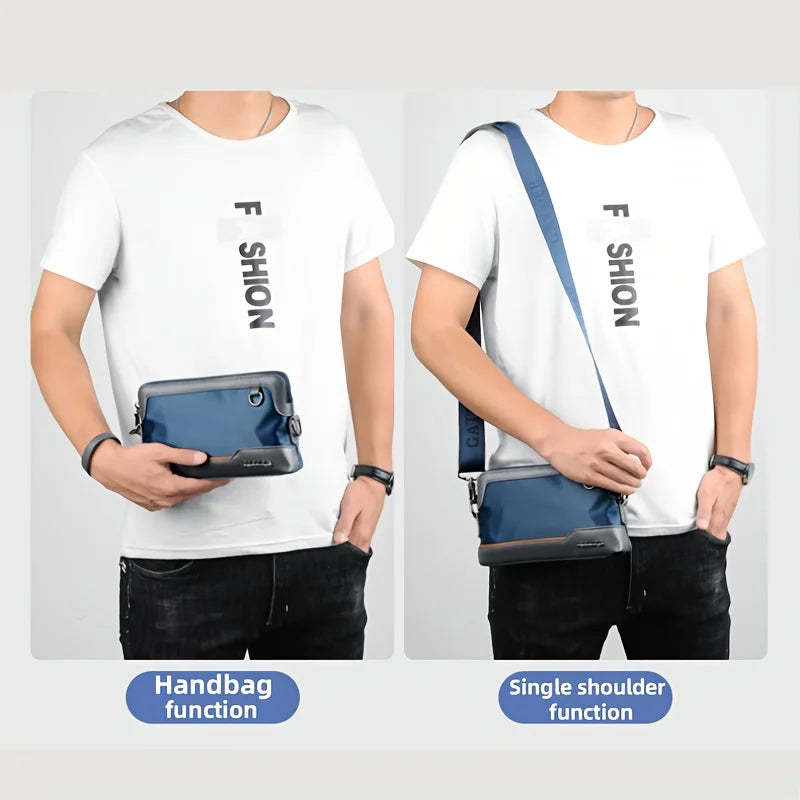 White t-shirt models demonstrate the handbag function and single shoulder function of an everyday crossbody bag.