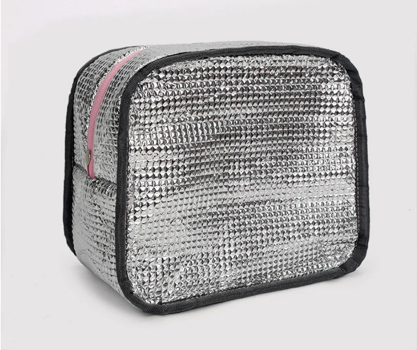 A silver and black insulated dual-purpose backpack with a pink accent stripe.