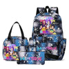 A multi-compartment backpack set featuring a dark background with floral patterns and characters for school or travel.