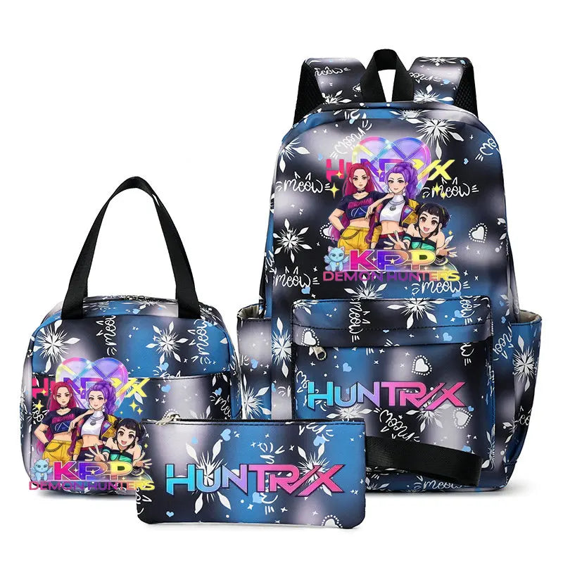 A multi-compartment backpack set featuring a dark background with floral patterns and characters for school or travel.
