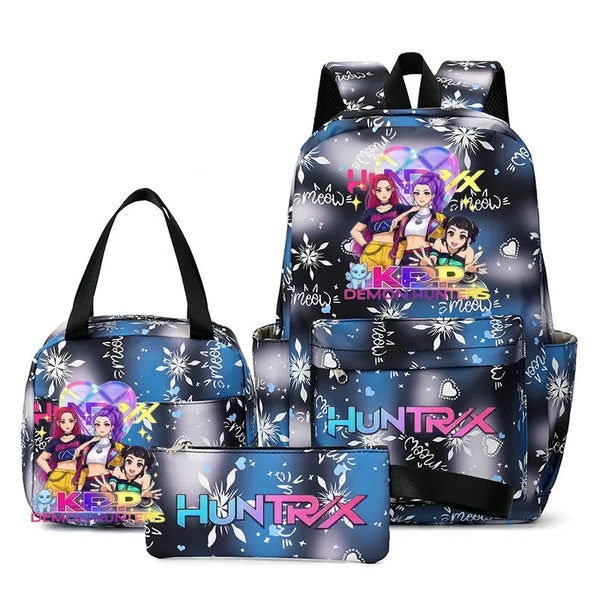Un ensemble de sacs à dos multi-compartiments avec un fond sombre, des motifs floraux et des personnages pour l'école ou les 