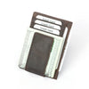 A brown leather wallet with credit card slots and an RFID blocking feature, displaying US currency.