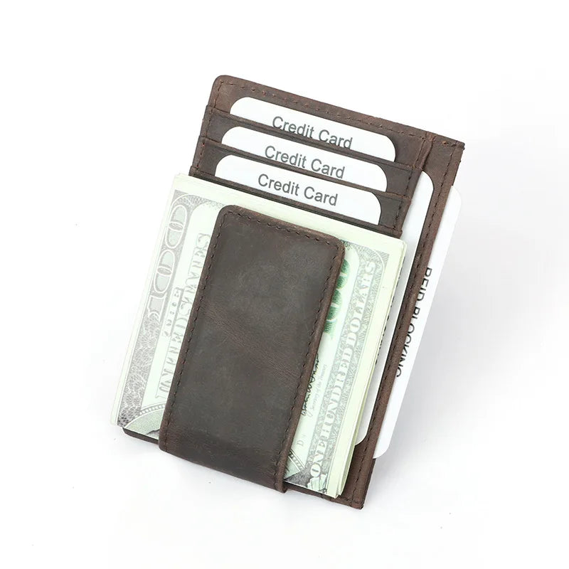 A brown leather wallet with credit card slots and an RFID blocking feature, displaying US currency.