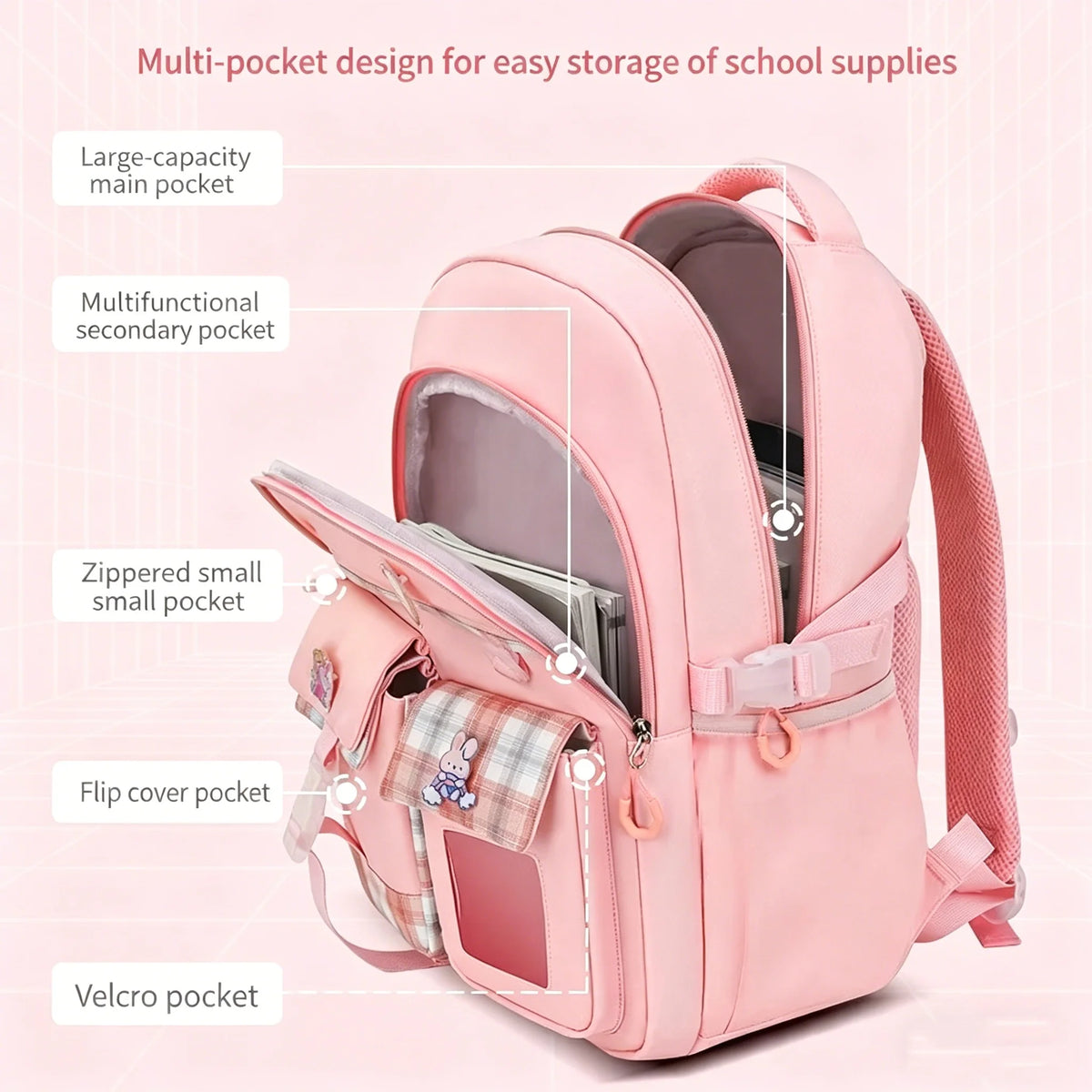 Pinkes Multi-Taschen-Rucksack für Schulmaterial mit Haupt-, Sekundär- und kleiner Reißverschlusstasche