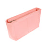 A pink felt cosmetic bag insert organizer with a zipper closure.