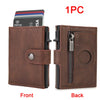 A brown leather wallet showing the front and back views, featuring an RFID-blocking design and an Airtag slot.
