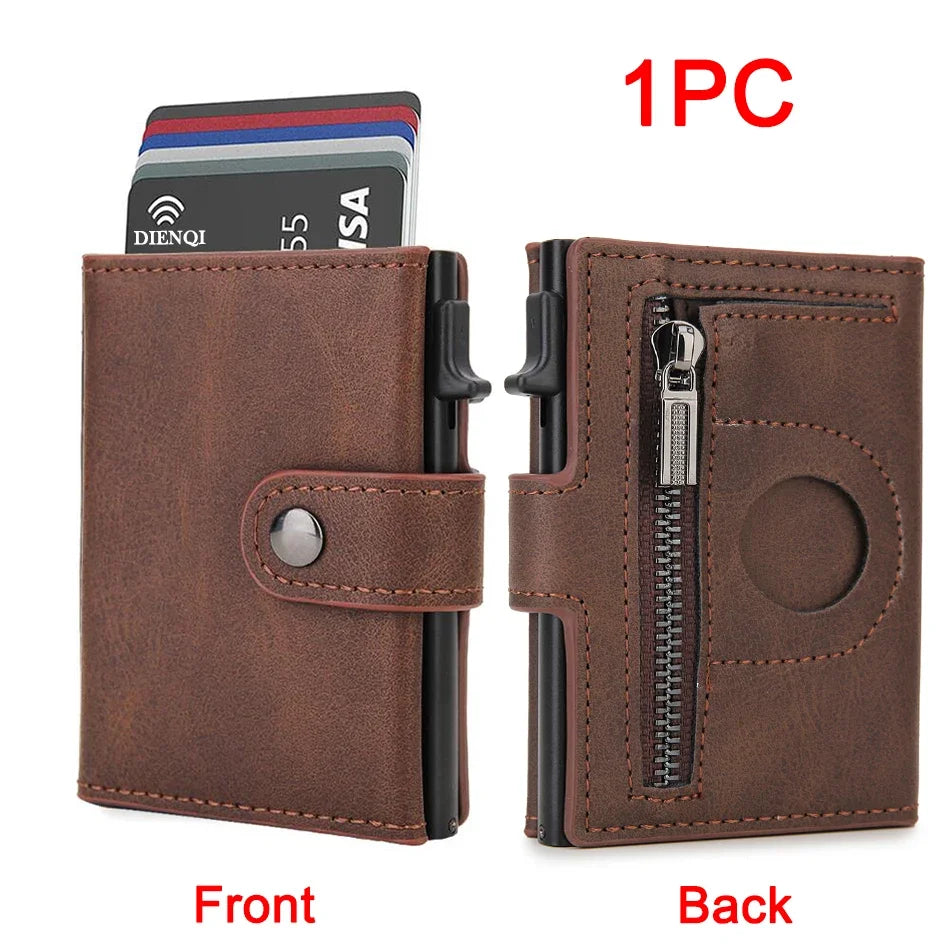 A brown leather wallet showing the front and back views, featuring an RFID-blocking design and an Airtag slot.
