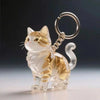 A clear glass figurine of a cat with gold accents attached to a silver keyring.