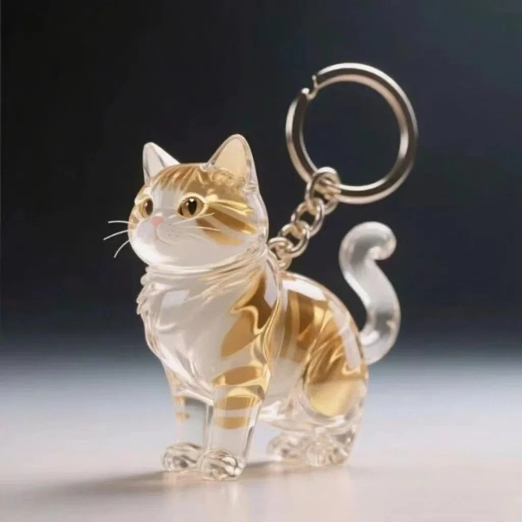 A clear glass figurine of a cat with gold accents attached to a silver keyring.