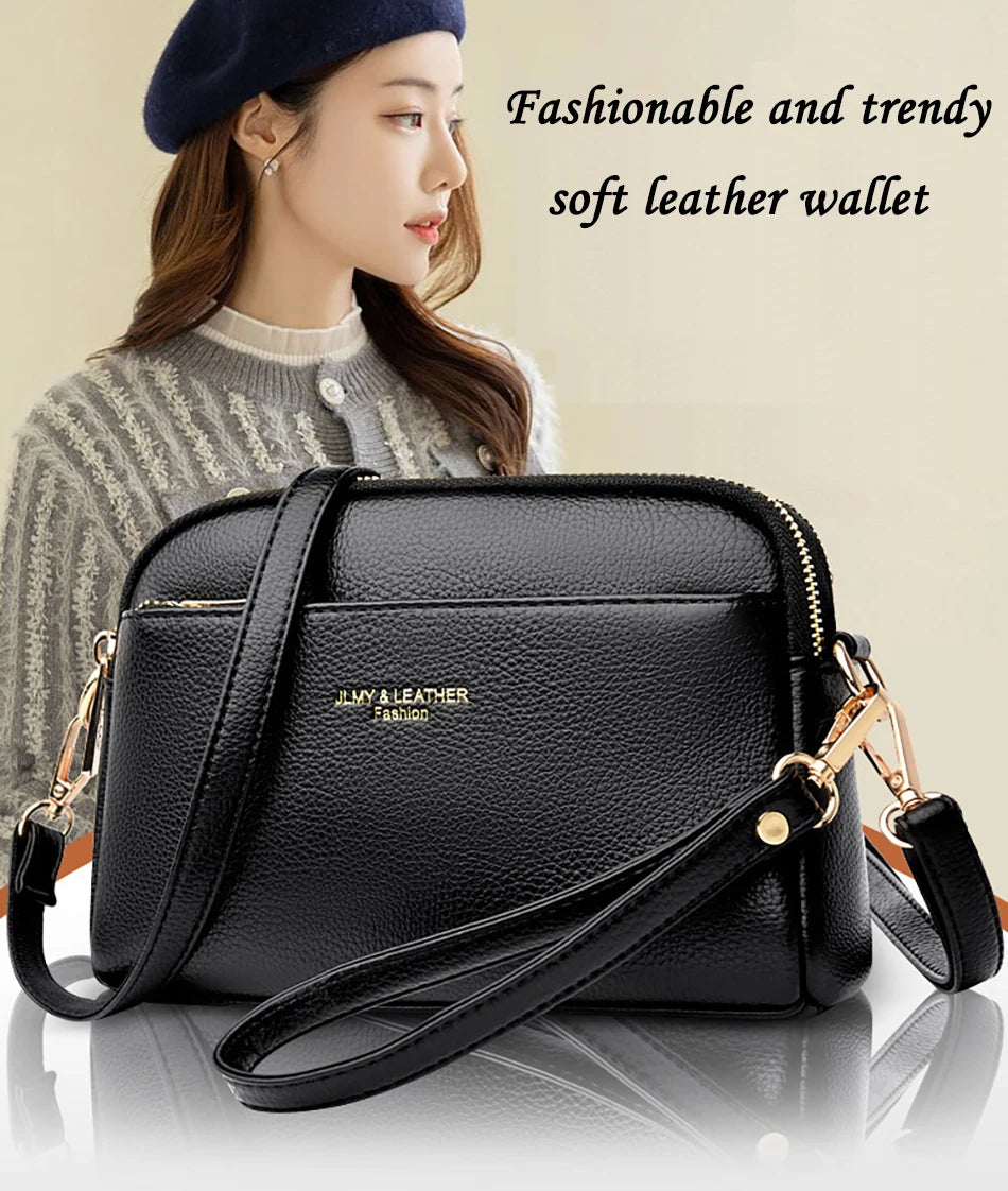 A black soft leather wallet is shown next to a woman wearing a knit sweater, highlighting a fashionable and trendy accessory.