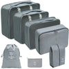 A set of gray fabric storage organizers and a matching drawstring bag for organizing items.