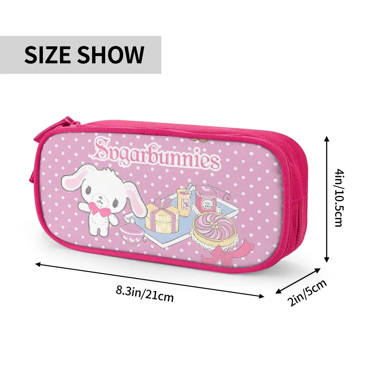 Pink zippered pencil case featuring a cute rabbit design and the Sugarbunnies logo