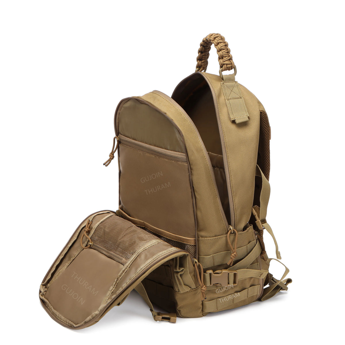 A tan tactical waterproof backpack with a padded flap and leather accents is shown from the top view.
