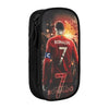 A black pencil case featuring a graphic of Cristiano Ronaldo in a red jersey.