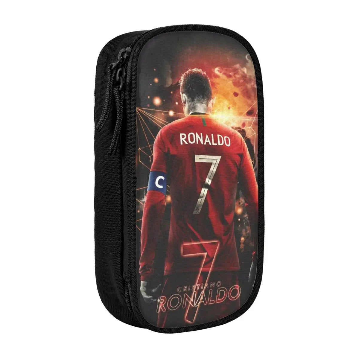 A black pencil case featuring a graphic of Cristiano Ronaldo in a red jersey.