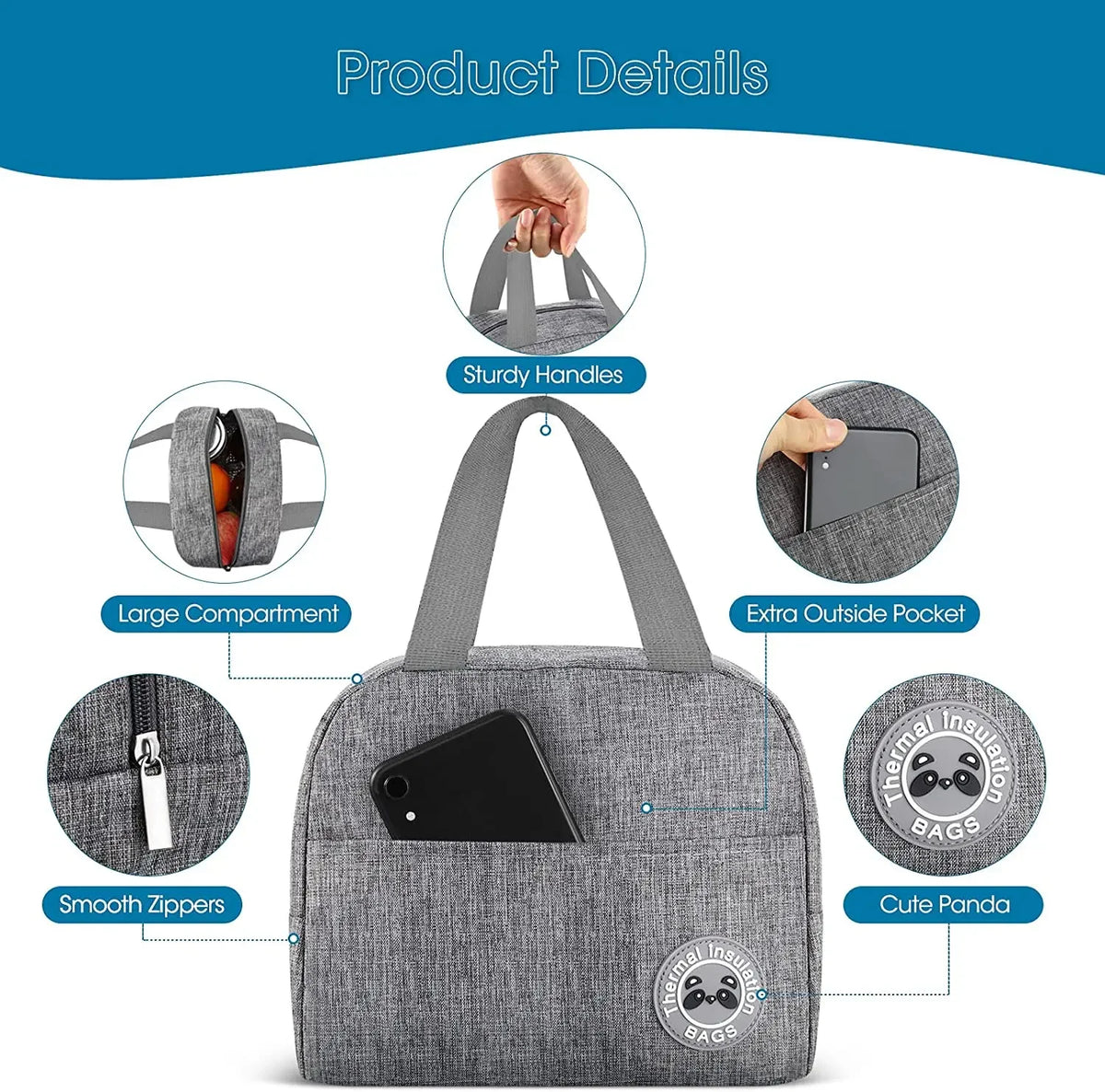 Gray insulated canvas lunch bag with sturdy handles, large compartment, smooth zippers, and a cute panda design.