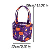 Purple non-woven tote bag featuring Halloween designs like ghosts, bats, and skulls.