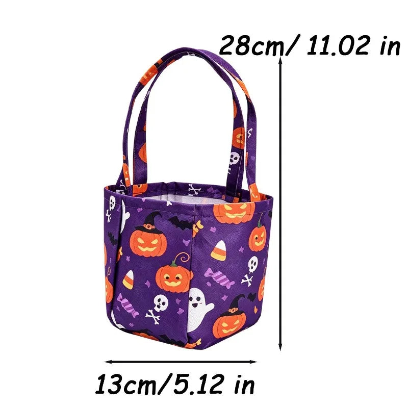 Purple non-woven tote bag featuring Halloween designs like ghosts, bats, and skulls.