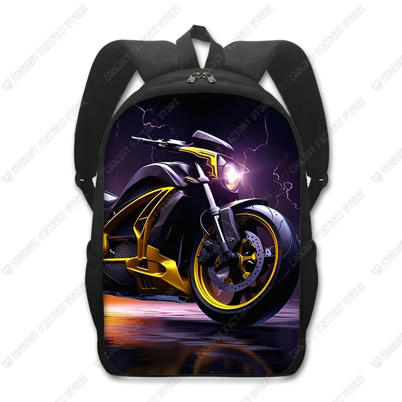 A black backpack featuring a graphic of a yellow motorcycle with purple lightning effects.