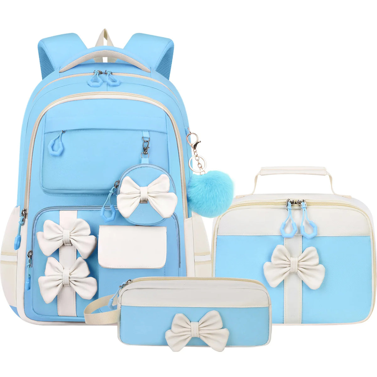 A light blue and white nylon school backpack set for girls, including a main backpack and several accessories.