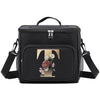Black insulated canvas lunch bag with dual handles featuring a gold letter T and floral design