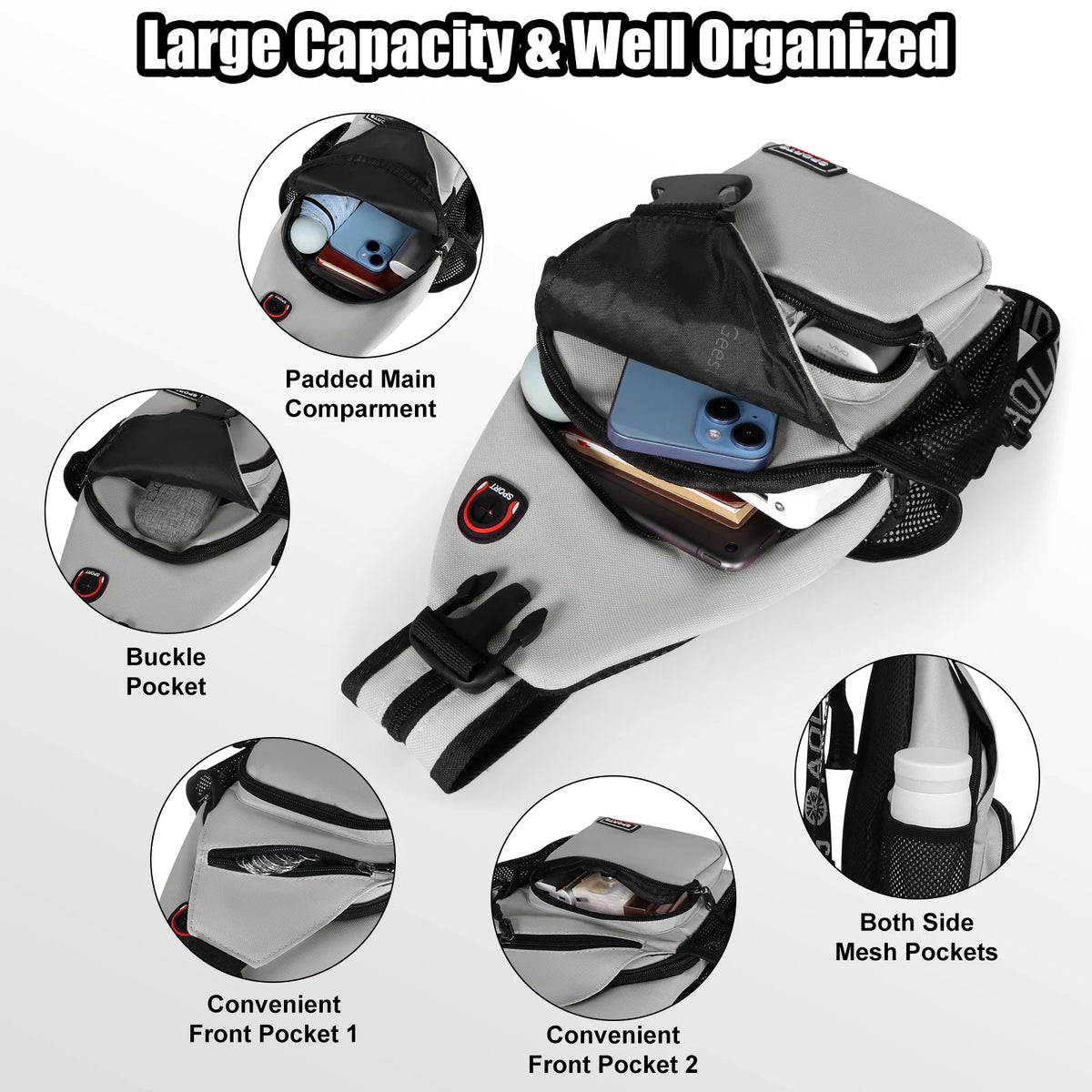 A gray multi-use adjustable chest and shoulder bag showing various organized compartments and pockets.