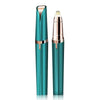 A sleek, teal electric eyebrow trimmer with a gold tip and LED light feature.