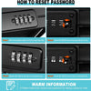 Instructions for resetting the password on a portable travel lock box by dialing and pushing a RESET lever.