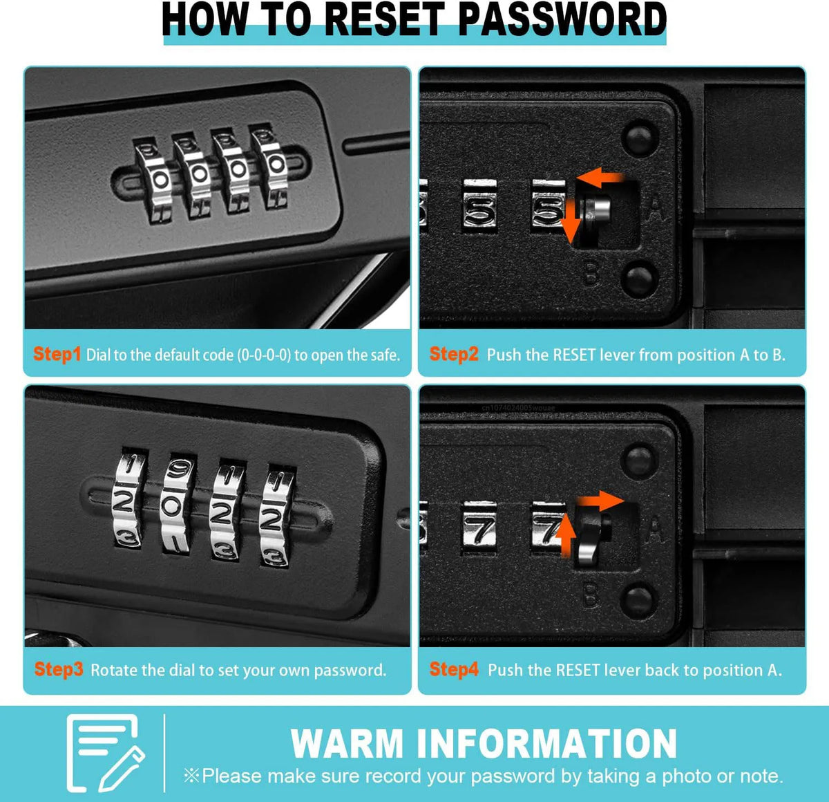 Instructions for resetting the password on a portable travel lock box by dialing and pushing a RESET lever.