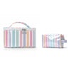 Bolsa de almacenamiento cosmético con rayas verticales en rosa, azul y blanco.