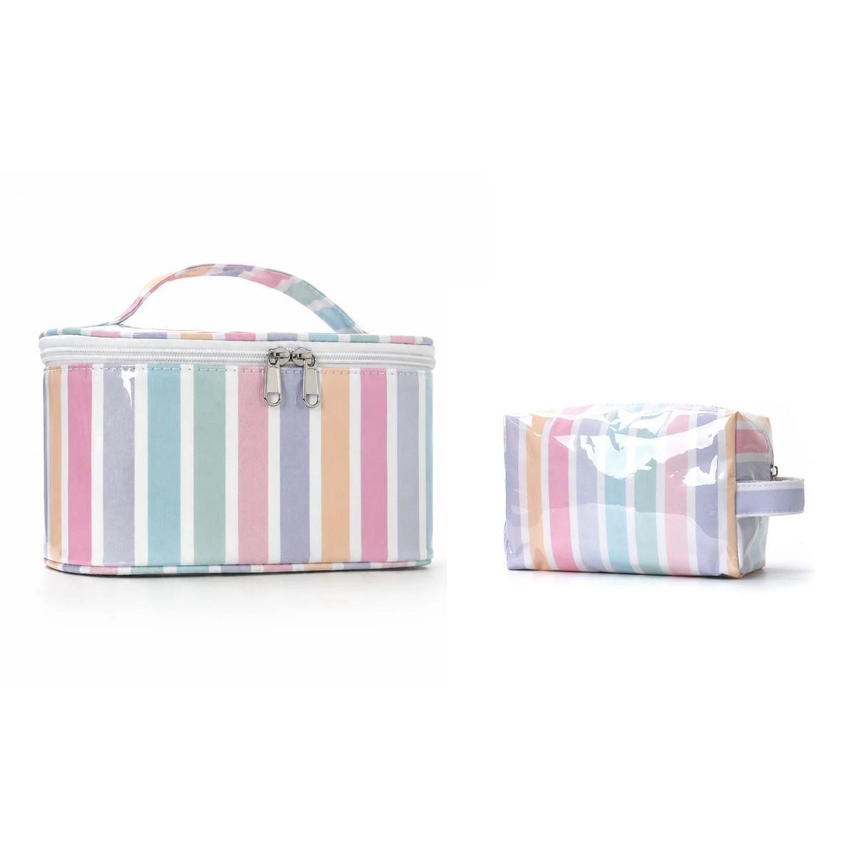Bolsa de almacenamiento cosmético con rayas verticales en rosa, azul y blanco.