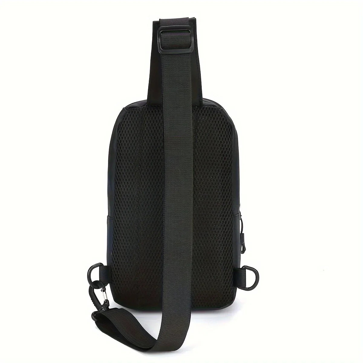Black adjustable crossbody sling bag with a padded strap shown against a white background.