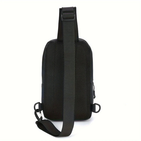 Black adjustable crossbody sling bag with a padded strap shown against a white background.