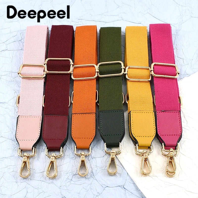 A set of colorful canvas cotton bag straps in various shades including pink, maroon, orange, olive green, and yellow, featuri