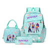 A teal and pink multi-compartment casual backpack featuring a patterned fabric and purple accents.