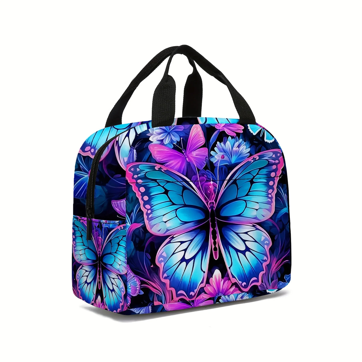 A black insulated tote bag featuring a vibrant, colorful butterfly print with shades of blue and purple.