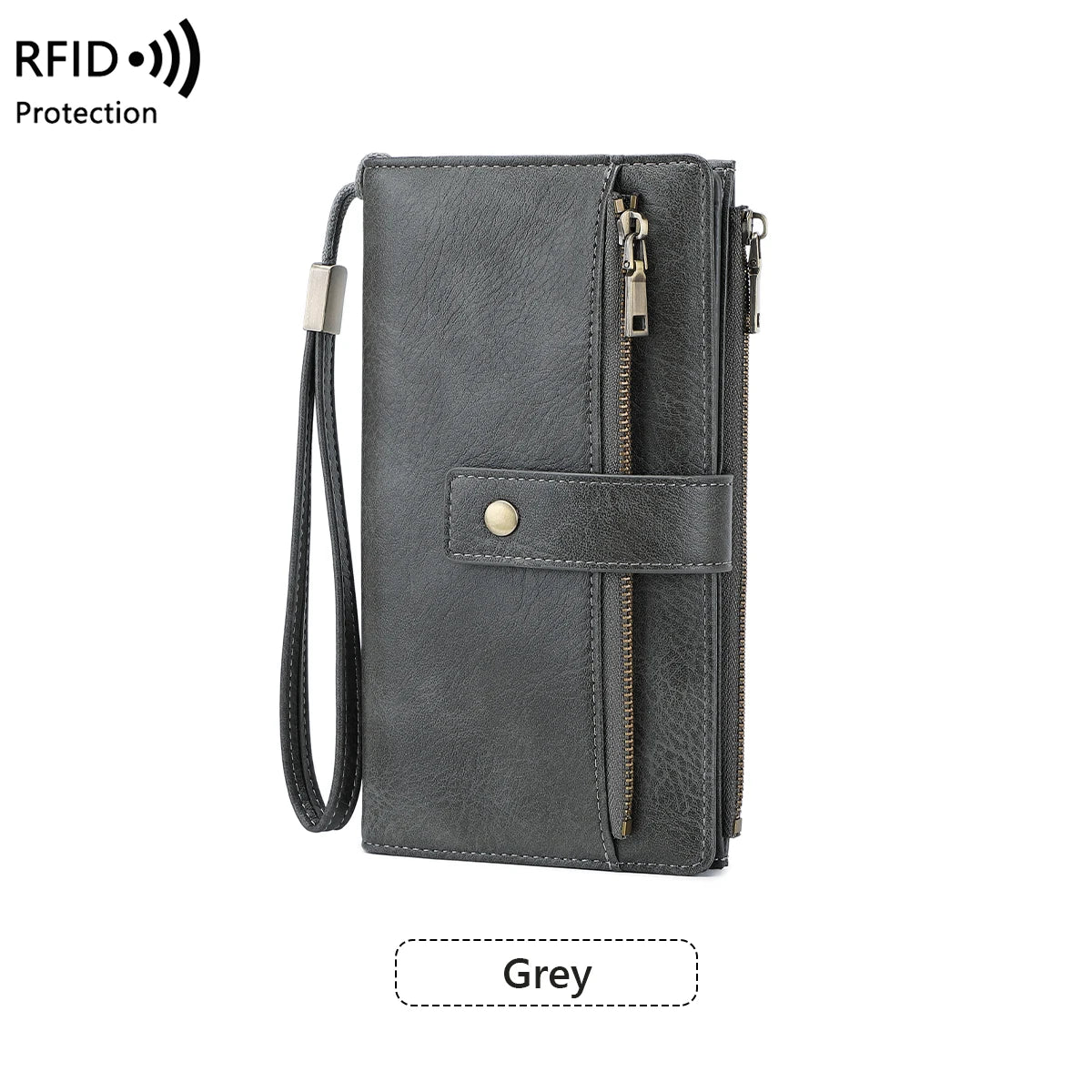 Cartera de cuero gris oscuro para mujer con cremallera y cordón para protección RFID.