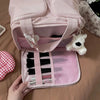 Pinkes Luxus-Makeup-Organizer-Beutel mit Reißverschluss und klarem Netzfach für Pinsel und Werkzeuge.