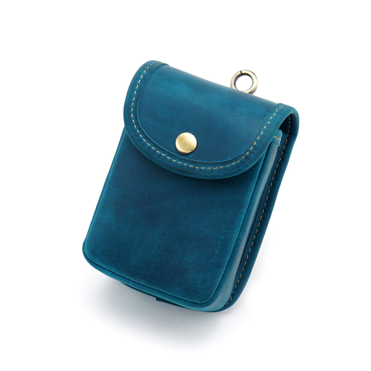 A teal leather waist bag with gold hardware shown from above.